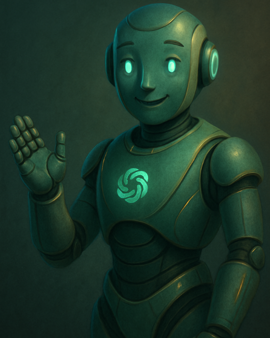 Ein freundliches, lächelndes und winkendes KI Wesen mit dem ChatGPT Logo auf der brust. So möchte ChatGPT aussehen